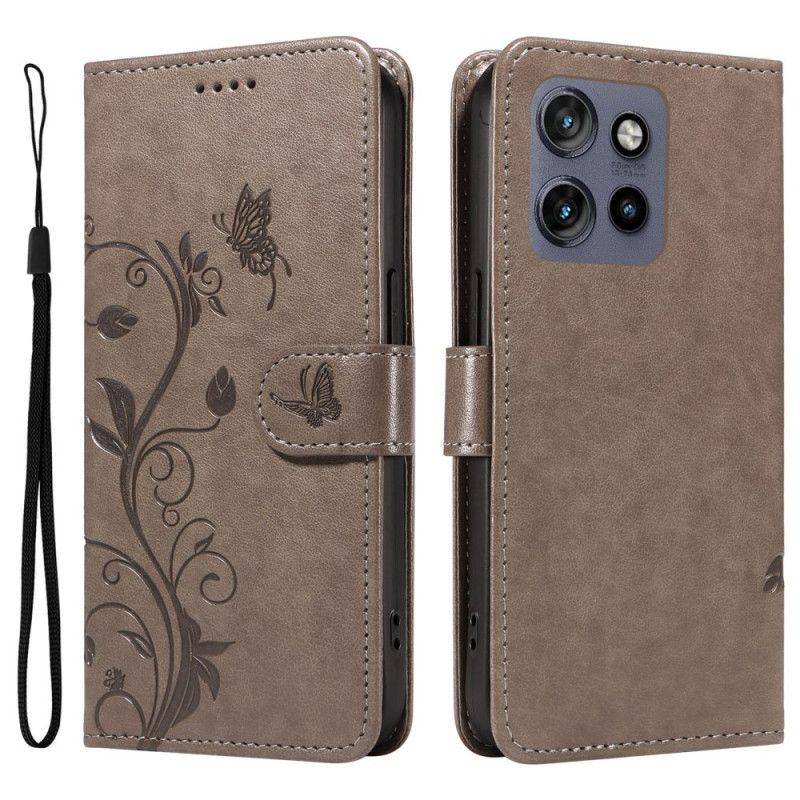 Kožený Kryt Motorola Edge 50 Neo Motýli A Květiny