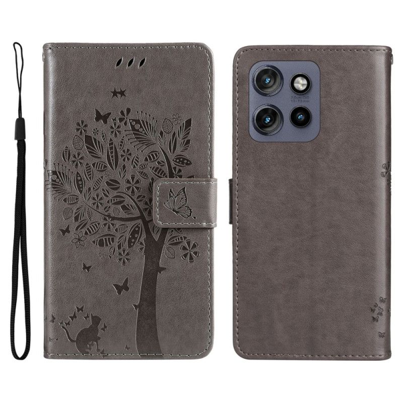Kožený Kryt Na Motorola Edge 50 Neo Kočka A Strom