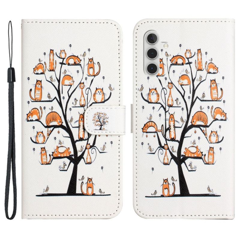 Kožený Kryt Samsung Galaxy S24 Fe Kočky Na Lanyard Tree