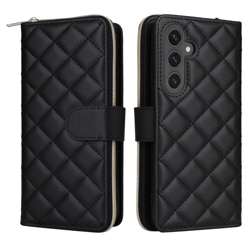 Kožený Kryt Samsung Galaxy S24 Fe Prošívaná Peněženka S Popruhem Přes Rameno