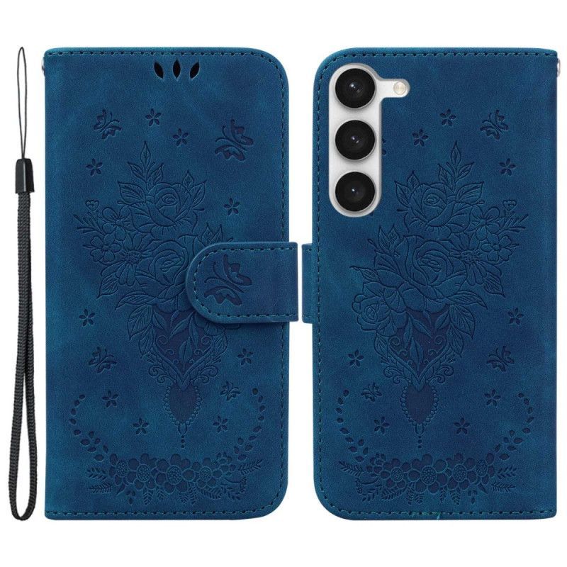Kožené Pouzdro Na Samsung Galaxy S23 Plus 5G Na Lana Strappy Růže A Motýli