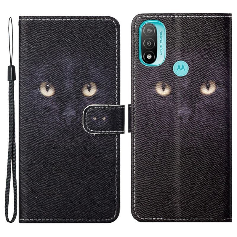 Flipové Pouzdro Na Moto G71 5G Na Lana Strappy Černé Kočičí Oči