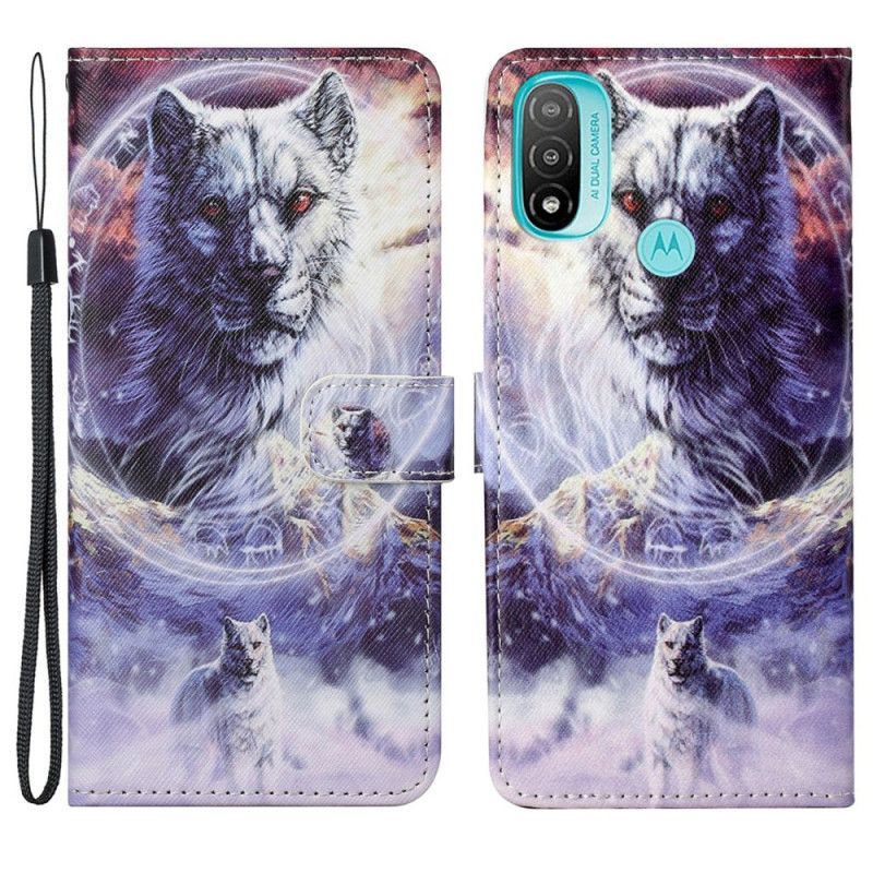 Kožené Pouzdro Na Moto G71 5G Vlk V Zimě S Lanyardem