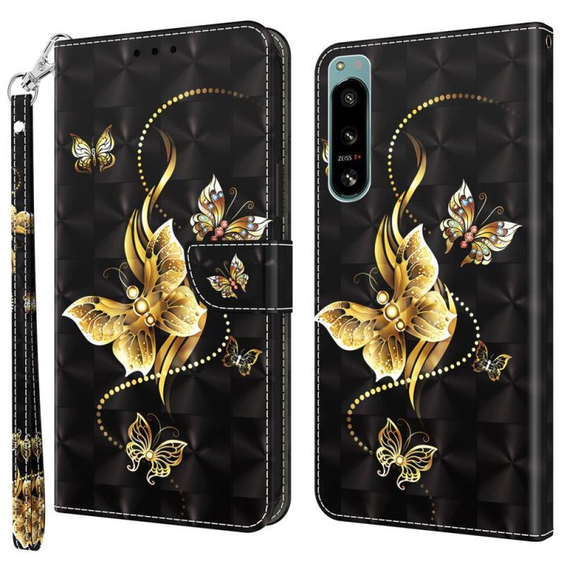 Flipové Pouzdro Na Sony Xperia 5 IV Na Lana Zlatí Motýli S Popruhem
