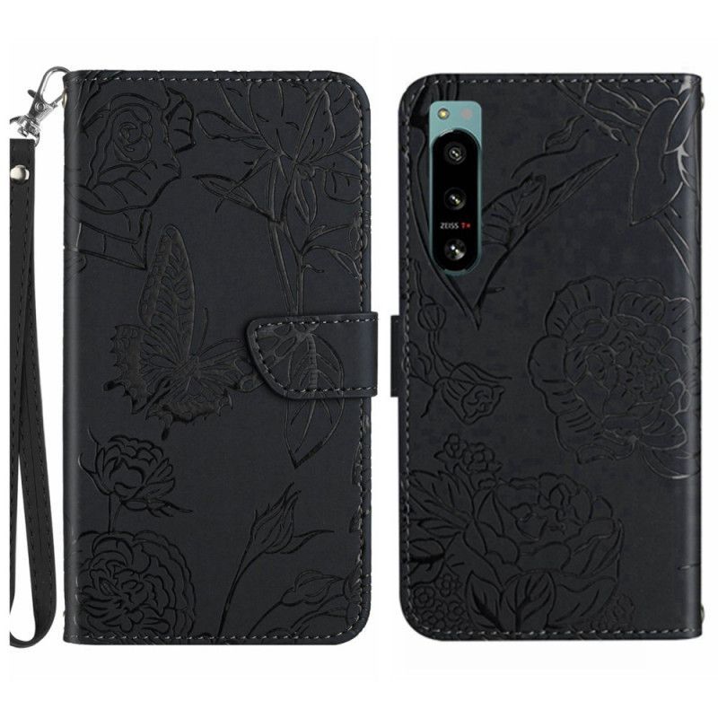 Flipové Pouzdro Na Sony Xperia 5 IV Motýli S Lanyardem