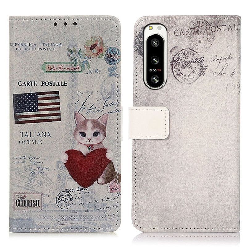 Kožené Pouzdro Na Sony Xperia 5 IV Kočka Cestovatel