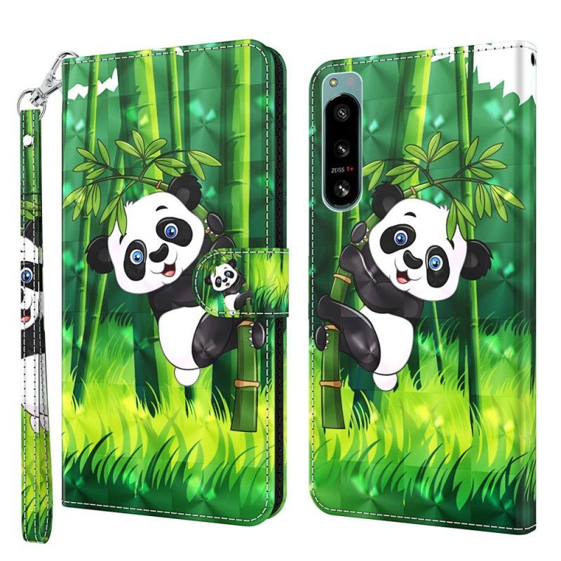 Kožené Pouzdro Na Sony Xperia 5 IV Na Lana Bambusová Panda Se Šňůrkou