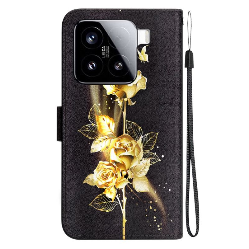 Kožený Kryt Xiaomi 15 Zlatí A Růžoví Motýli