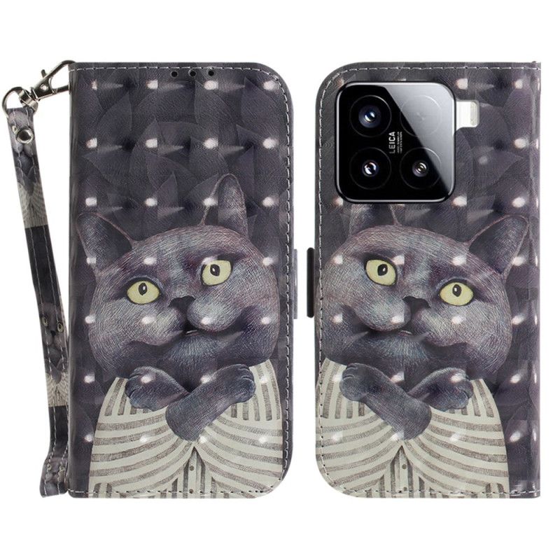 Kožený Kryt Xiaomi 15 Šedá Kočka S Páskem