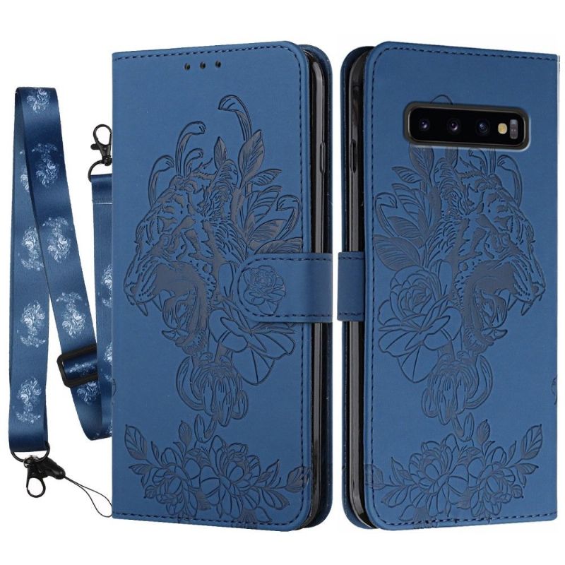 Flipové Pouzdro Na Samsung Galaxy S10 Plus Design Tiger + Popruh