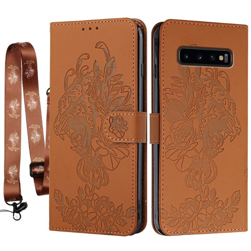 Flipové Pouzdro Na Samsung Galaxy S10 Plus Design Tiger + Popruh