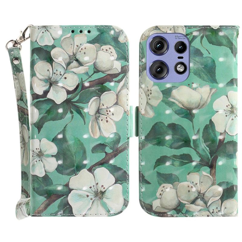 Kožený Kryt Motorola Edge 50 Pro Bílé Květy S Popruhem