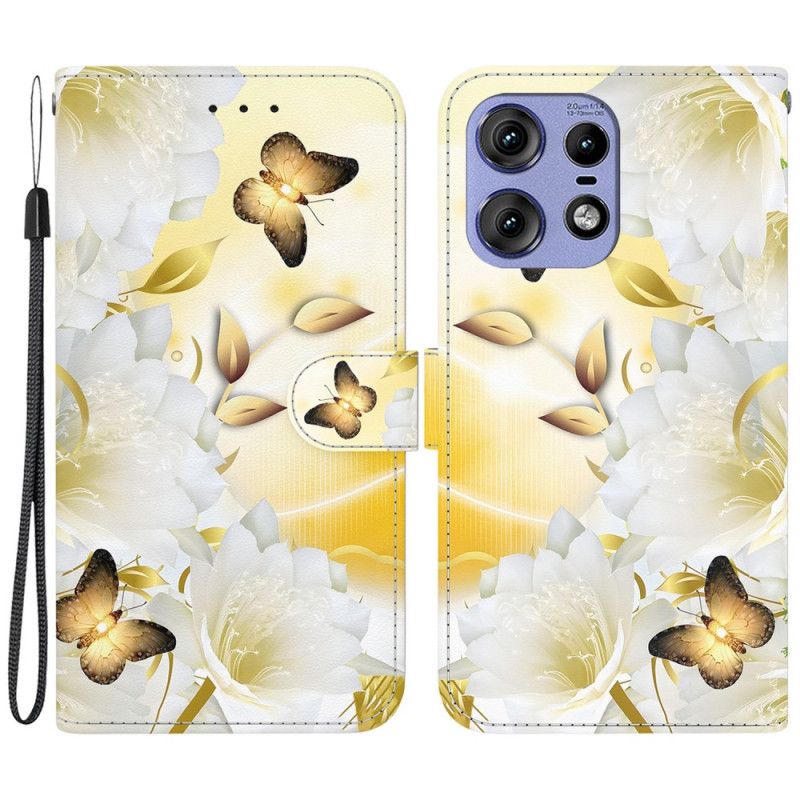 Kožený Kryt Motorola Edge 50 Pro Zlatí Motýli A Bílé Květy S Popruhem