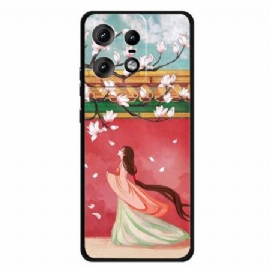 Kryt Motorola Edge 50 Pro Žena S Broskvovými Květy