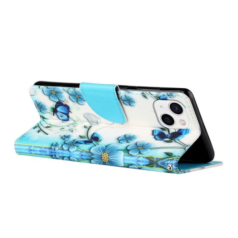 Flipové Pouzdro Na iPhone 13 Mini Modré Květiny A Motýli