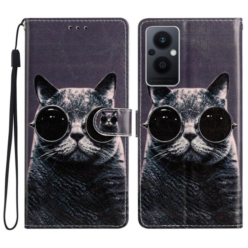 Flipové Pouzdro Na Oppo Reno 8 Lite Na Lana Brýle Cat Strappy