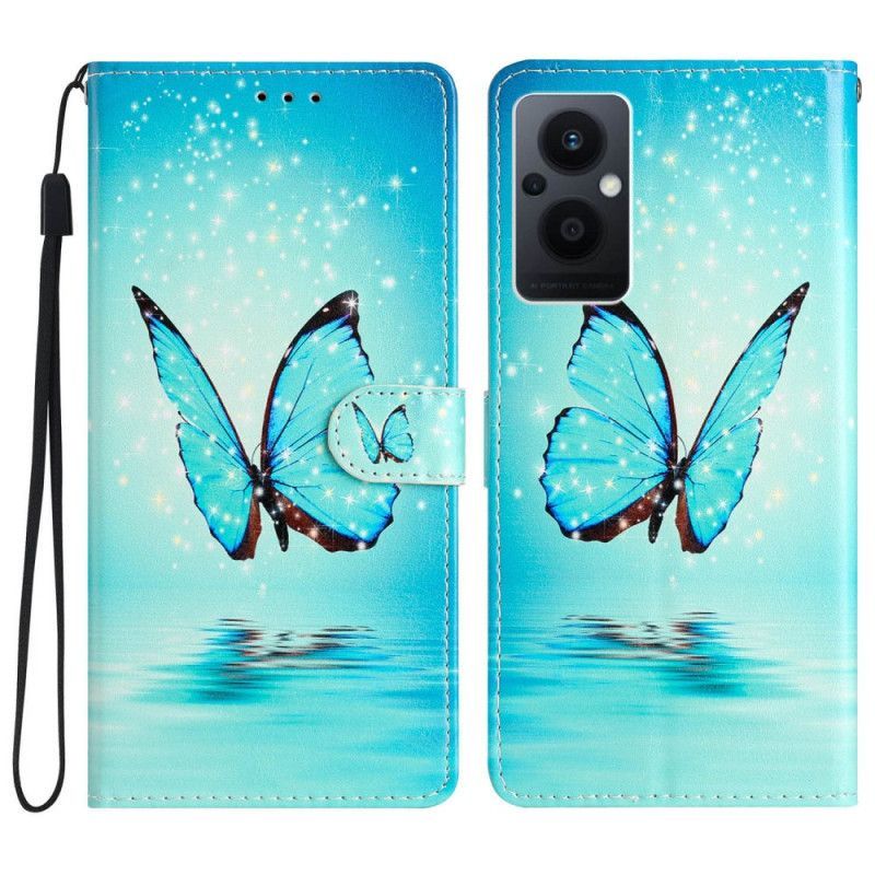 Flipové Pouzdro Na Oppo Reno 8 Lite Na Lana Modrí Motýli S Popruhem