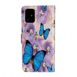 Flipové Pouzdro Na Samsung Galaxy A71 Modrí Motýli A Květiny