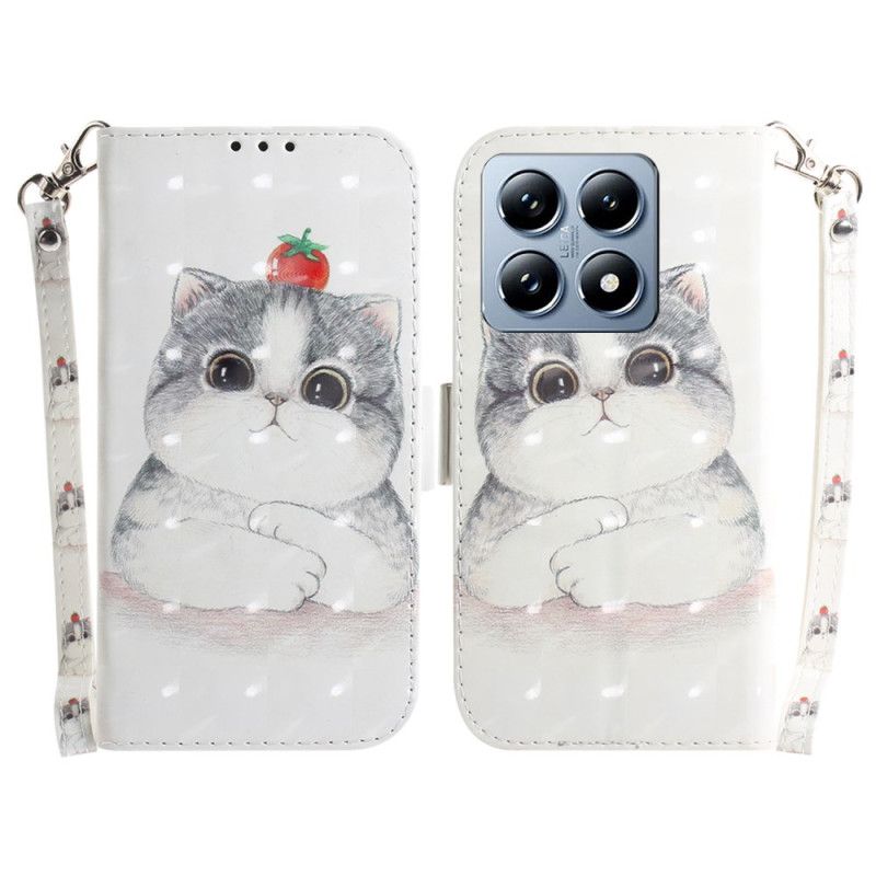 Kožený Kryt Xiaomi 14t Pro Roztomilá Kočka S Popruhem