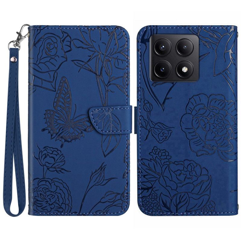 Kožený Kryt Xiaomi 14t Pro Vzor Motýlů A Květin S Popruhem