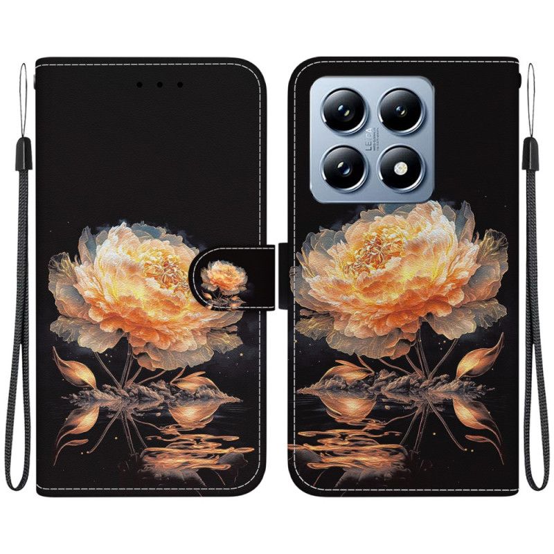 Kožený Kryt Xiaomi 14t Pro Zlatá Pivoňka S Řemínkem
