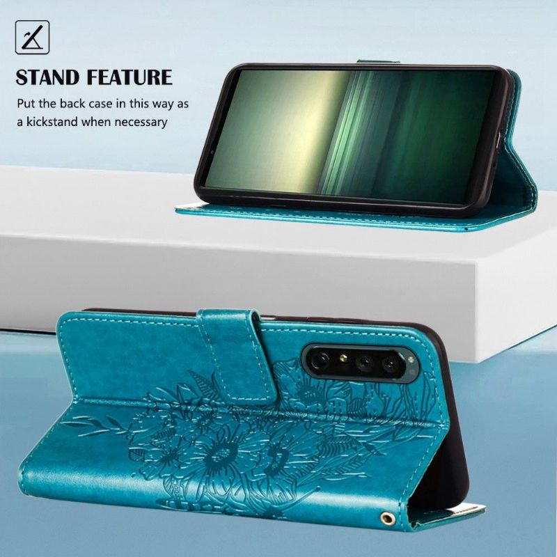 Kožené Pouzdro Na Sony Xperia 1 IV Držák Motýlích Květin