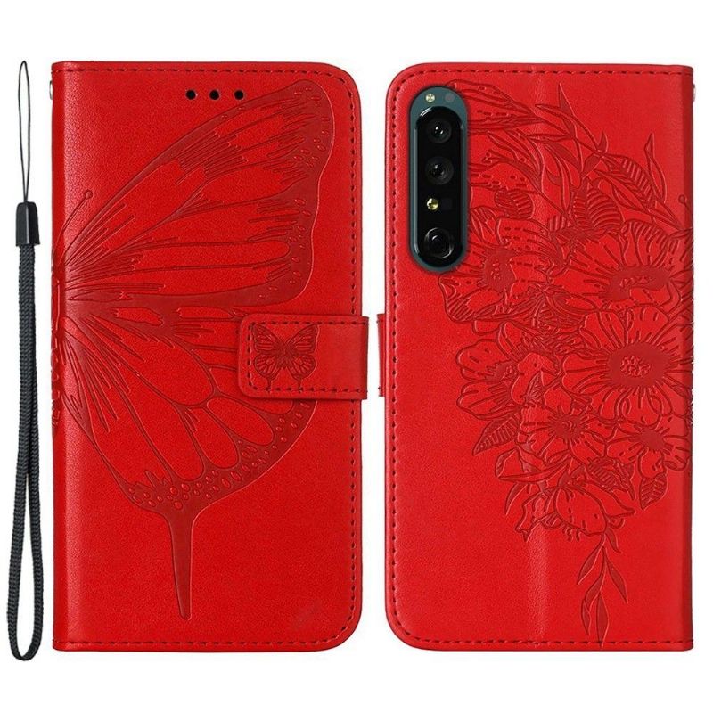 Kožené Pouzdro Na Sony Xperia 1 IV Držák Motýlích Květin