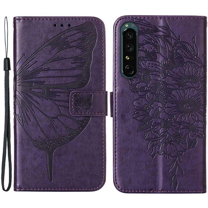 Kožené Pouzdro Na Sony Xperia 1 IV Držák Motýlích Květin
