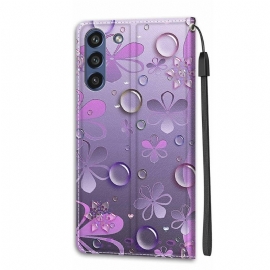 Kožené Pouzdro Na Samsung Galaxy S21 FE Ilustrace Fialových Květů
