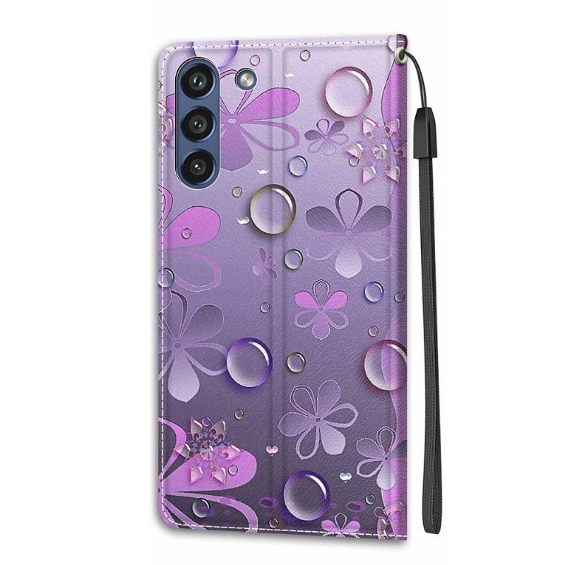 Kožené Pouzdro Na Samsung Galaxy S21 FE Ilustrace Fialových Květů