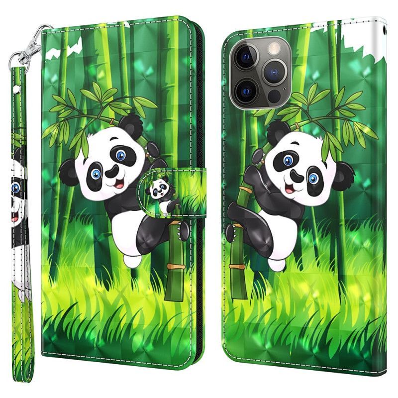 Flipové Pouzdro Na iPhone 15 Pro Max Na Lana 3d Bambusová Panda S Popruhem