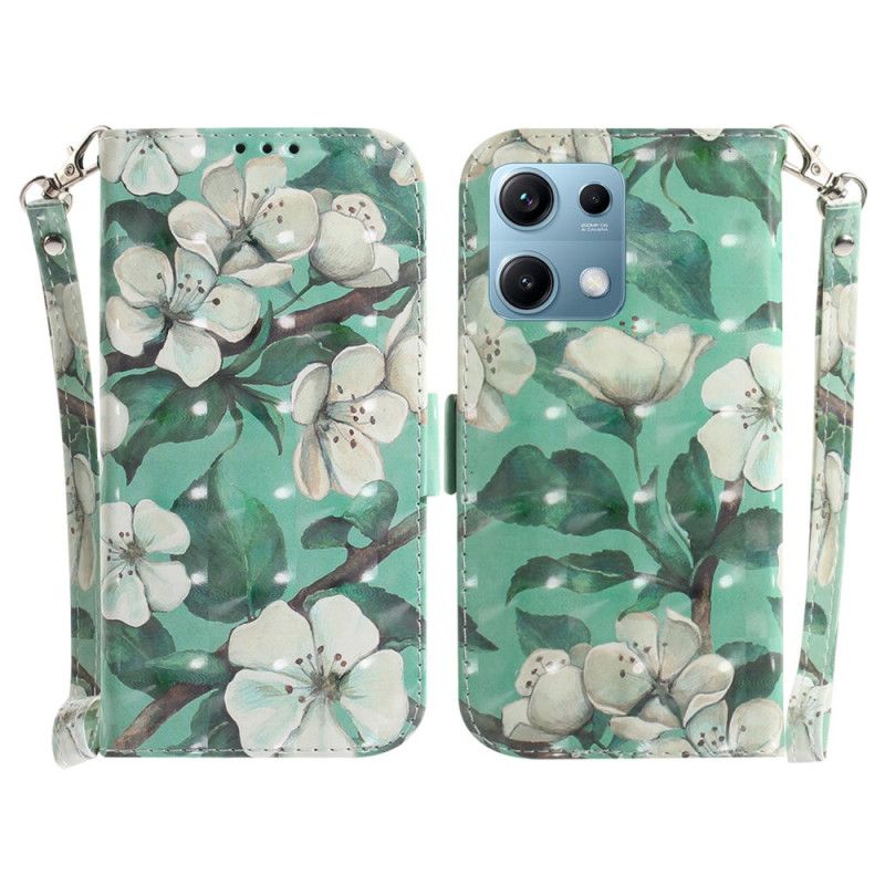 Kožený Kryt Xiaomi Redmi Note 14s Bílé Květy Se Šňůrkou