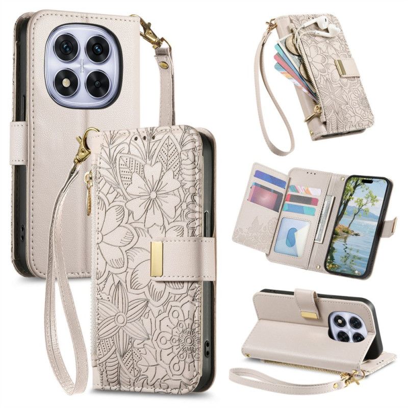 Kožený Kryt Xiaomi Redmi Note 15 Pro Plus 5g Květinový Vzor A Kapsa Na Zip