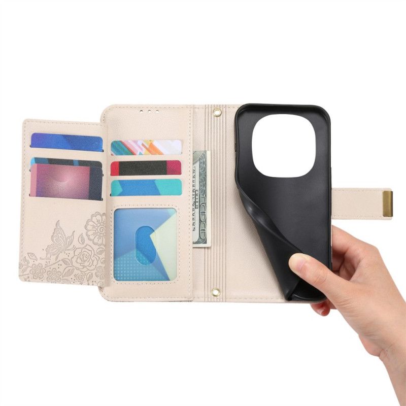 Kožený Kryt Xiaomi Redmi Note 15 Pro Plus 5g Květinový Vzor A Kapsa Na Zip