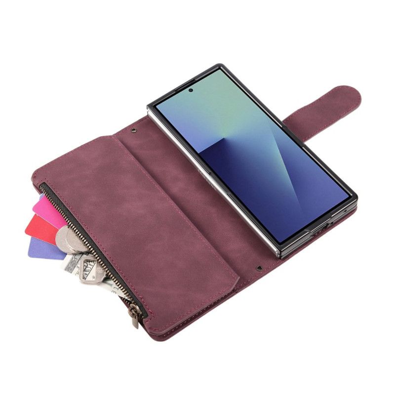 Kožený Kryt Na Samsung Galaxy Z Fold 7 Peněženka S Semišovým Efektem A Ramenním Popruhem