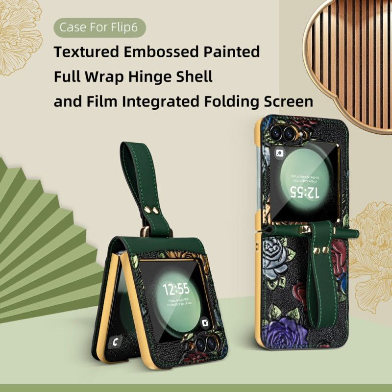 Kryt Samsung Galaxy Z Flip 7 Fe Kryty Na Mobil Řemínek Přes Rameno S Květinovým Vzorem