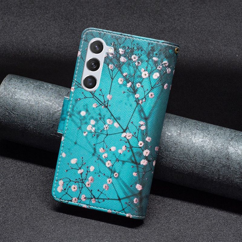 Kožený Kryt Na Samsung Galaxy S24 5g Peněženka Se Švestkovým Květem S Popruhem