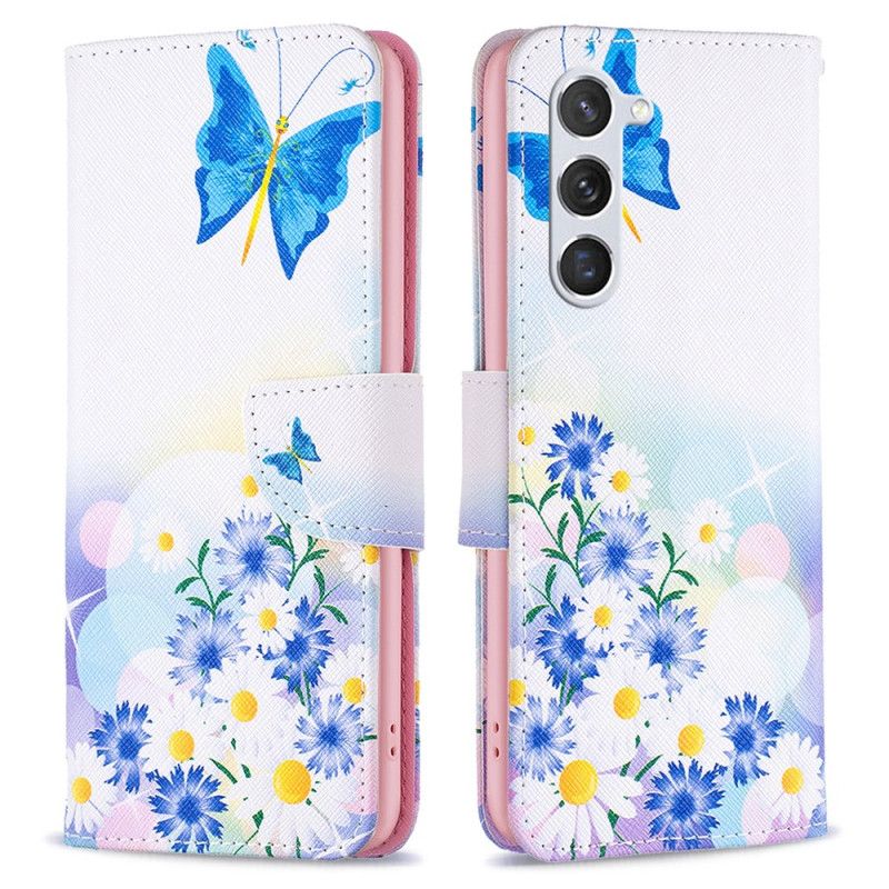 Kožený Kryt Samsung Galaxy S24 5g Modrí Motýli A Květiny