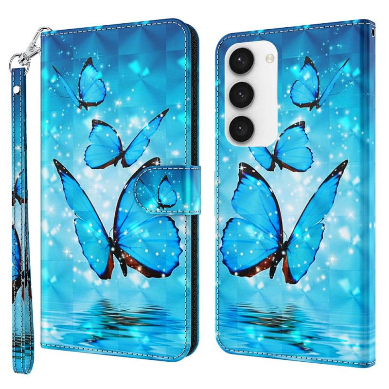 Kožený Kryt Samsung Galaxy S24 5g Modrí Motýli S Popruhem