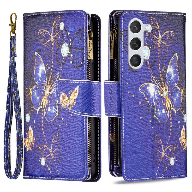 Kožený Kryt Samsung Galaxy S24 5g Peněženka Purple Butterflies S Popruhem