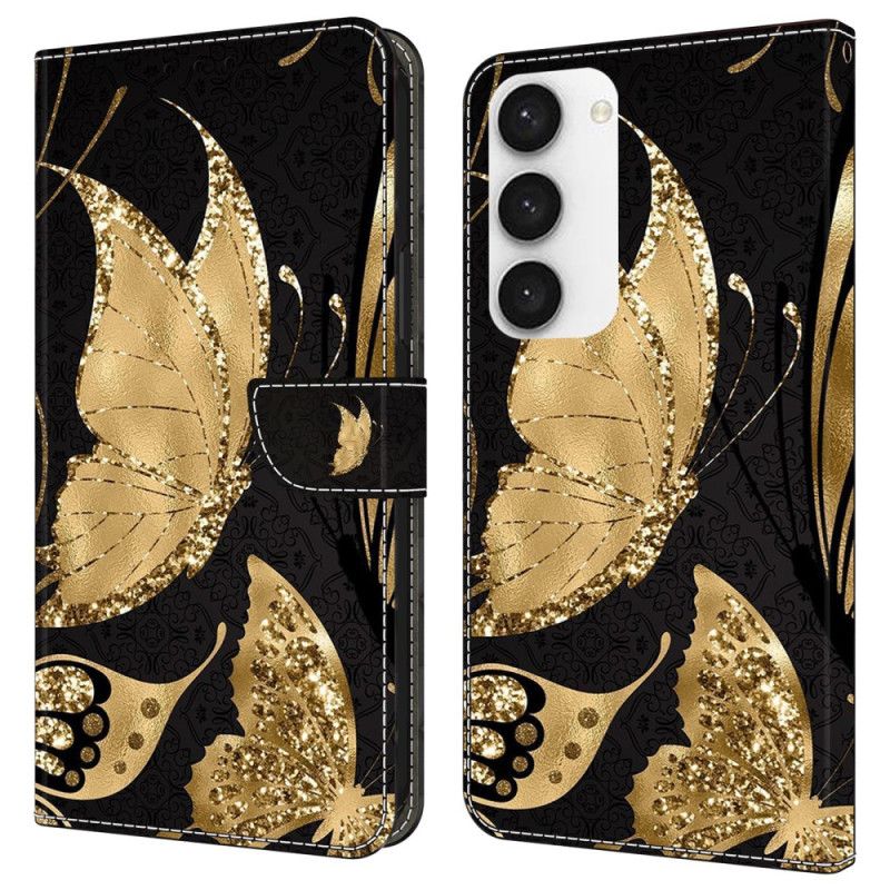 Kožený Kryt Samsung Galaxy S24 5g Zlatí Motýli