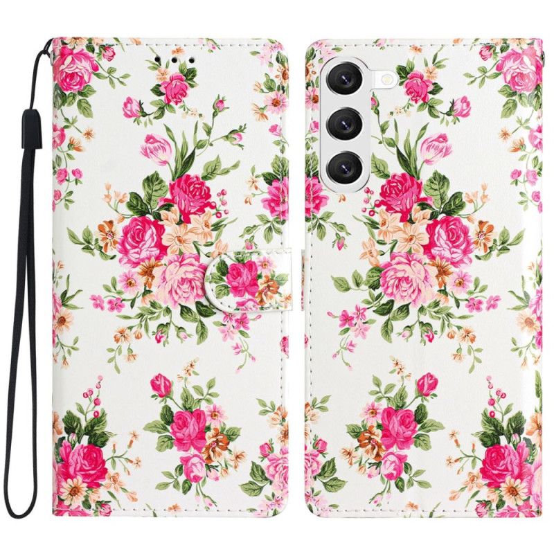 Kožený Kryt Samsung Galaxy S24 5g Červené Květy S Popruhem