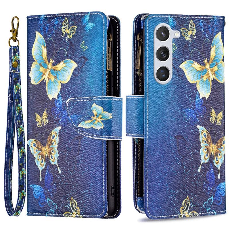 Peněženková Pouzdra Samsung Galaxy S24 5g Kryty Na Mobil Zlatá Peněženka S Motýlky S Popruhem