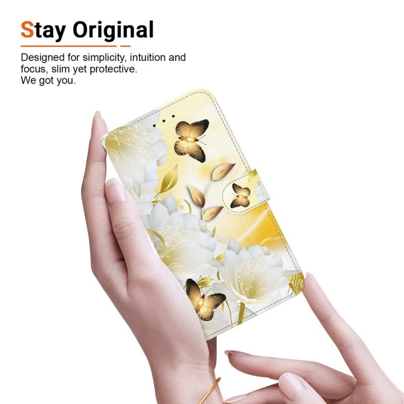 Peněženková Pouzdra Samsung Galaxy S24 5g Kryty Na Mobil Zlatý Motýl A Květiny S Popruhem