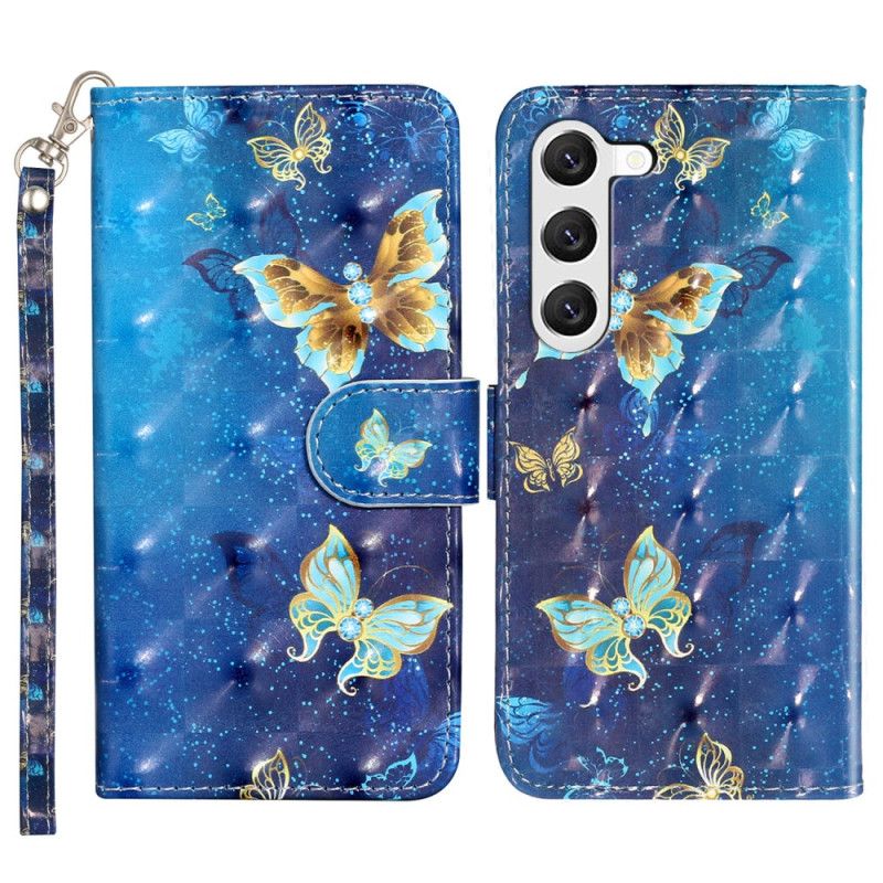 Peněženková Pouzdra Samsung Galaxy S24 5g Modrí A Zlatí Motýli Se Šňůrkou