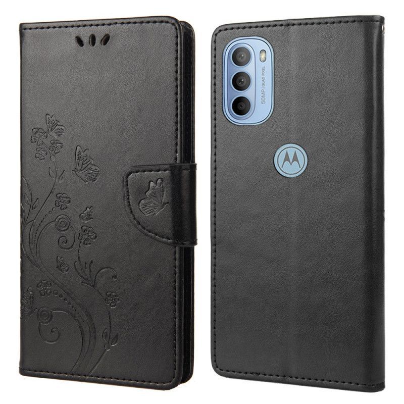 Kožené Pouzdro Na Moto G51 5G Na Lana Nádherní Motýlci Na Řemínku