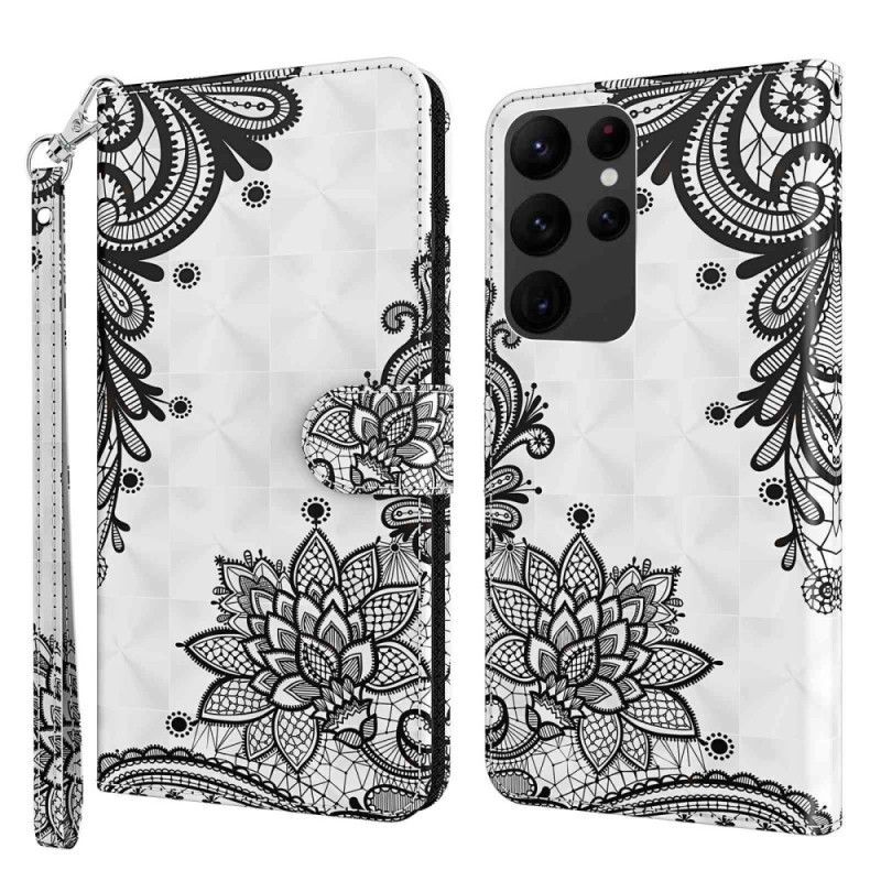 Flipové Pouzdro Na Samsung Galaxy S23 Ultra 5G Na Lana Pásková Krajka