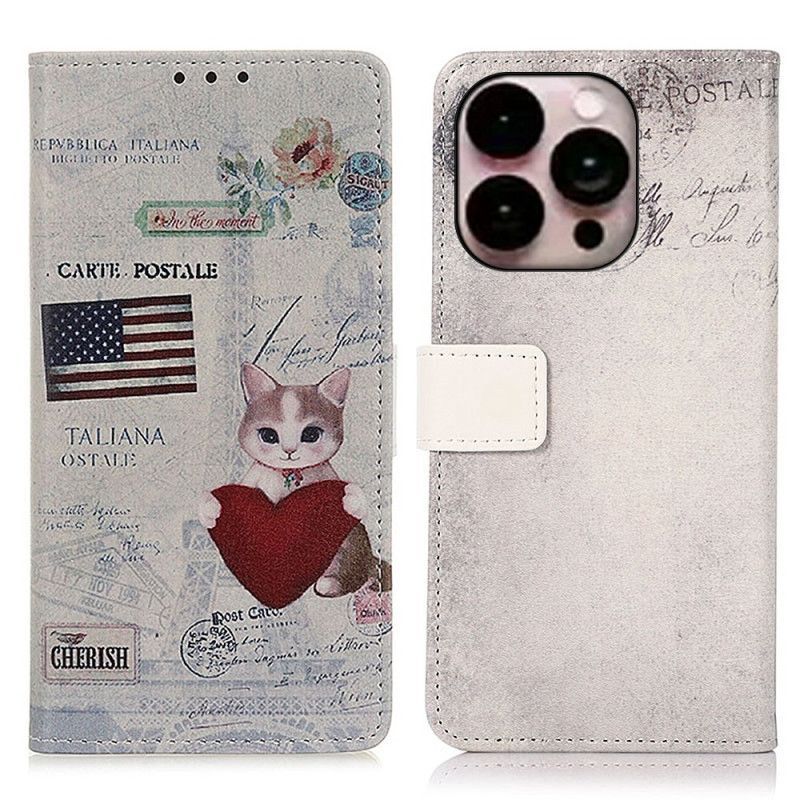 Kožené Pouzdro Na iPhone 14 Pro Max Kočka Cestovatel