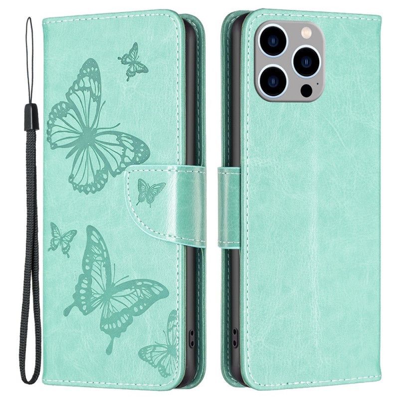 Kožené Pouzdro Na iPhone 14 Pro Max Na Lana Butterflies Printed Strappy
