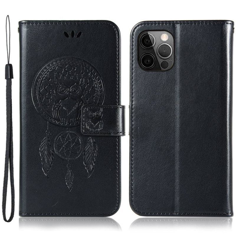 Kožené Pouzdro Na iPhone 14 Pro Max Na Lana Sova Lapač Snů S Popruhem